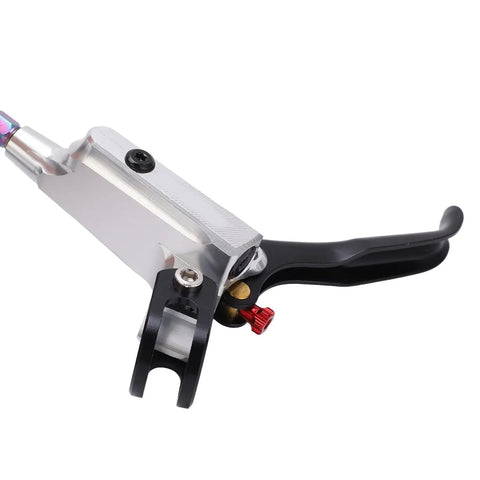 Upgrade Your Ride With This Badass Dual Piston Mechanical Disc Brake Set For Mountain And Road Bikes Cable Actuated Aluminum Alloy Calipers Front Rear Kit With Epic Grip Control Silver, close-up of lever.