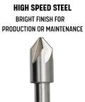 3/8 Inch 90 Degree High Speed Steel Chatterless Countersink Featuring Six Precision Flutes And A Standard Round Shank That Cuts Like Butter For Real World Shop Tasks And Heavy Duty Metal Working Projects close-up view with bright finish.
