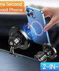 Kaistyle MagSafe car mount; blue iPhone attached by strong magnets, dash-mounted 2-in-1 magnetic phone holder.