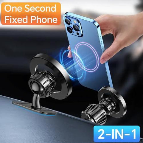 Kaistyle MagSafe car mount; blue iPhone attached by strong magnets, dash-mounted 2-in-1 magnetic phone holder.