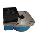 Built Tough CNC Turntable With Hollow Rotary Actuator And Planetary Gearbox showing blue and silver rotary stage with black actuator.