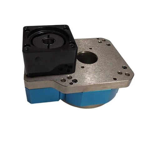 Built Tough CNC Turntable With Hollow Rotary Actuator And Planetary Gearbox showing blue and silver rotary stage with black actuator.