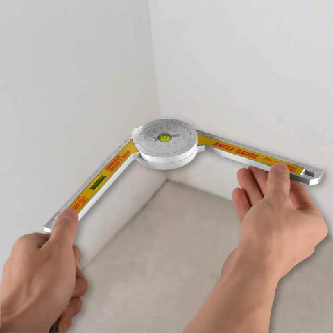 Job Site Ready Miter Saw Protractor And Angle Finder Ruler Featuring 360 Degree Gauge Scale with dual bubble level in hand.