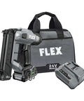 24V Brushless Cordless 18 Gauge Brad Nailer Kit Comes With 2.5Ah Battery And 160W Fast Charger displayed with tool bag and charger.