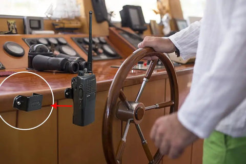Heavy Duty Handheld Radio Holder For Walkie Talkie And Speaker Mic With Car Clip Mount installed in a boat cockpit