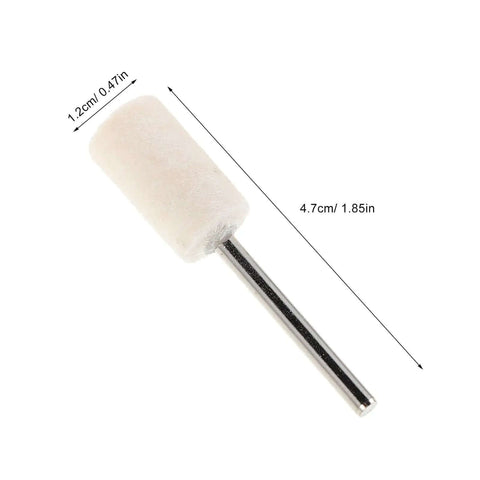 Close-up of a cylinder polisher attachment from the 40 Piece Wool Felt Polishing Wheel Set With One Eighth Inch Shank For Drill Buffing Attachments.