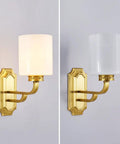 Solid Brass Wall Sconce With Smooth White Glass Shade Modern E27 Light Fixture Straight Fire Choice For Bedroom Bedside Or Chill Hallway Living Room Upgrade Total Room Glow Up, shown with illuminated and clear glass.