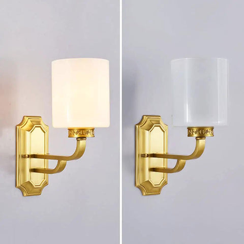 Solid Brass Wall Sconce With Smooth White Glass Shade Modern E27 Light Fixture Straight Fire Choice For Bedroom Bedside Or Chill Hallway Living Room Upgrade Total Room Glow Up, shown with illuminated and clear glass.