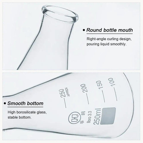 Close-up of 250ml borosilicate glass Erlenmeyer flask with smooth bottom and graduated markings from Three Piece Erlenmeyer Flask Set With Flat Bottom Borosilicate Glass And Graduated Markings 50ml 150ml 250ml Great For Chemistry Lab Science Beakers And Gear.