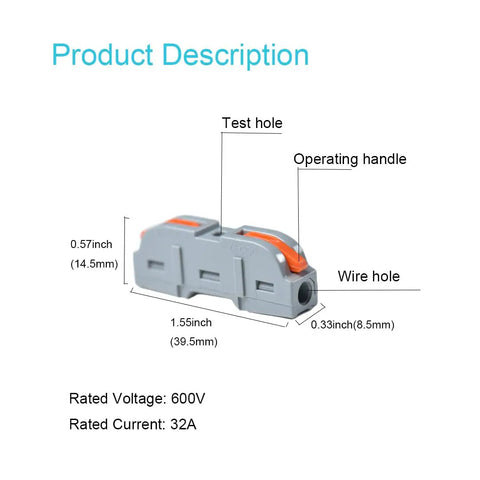 Dimensions of 50 Pack Lever Wire Connectors Inline Push-In Splice Connectors For Quick Connect 28-12 AWG with test hole and handle
