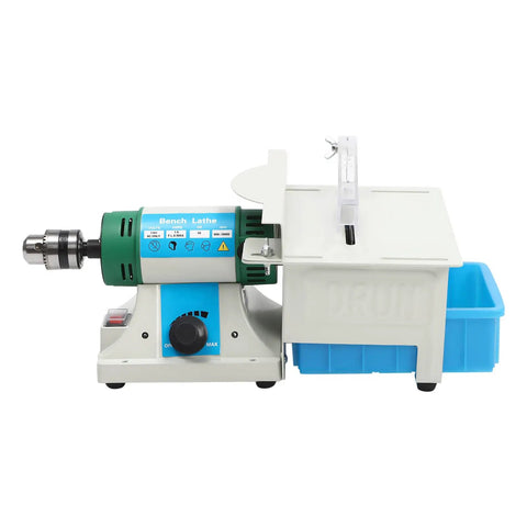 Powerful 750W Lapidary Saw Polisher Kit with adjustable speed and 4 inch blade, bench setup view with accessory tray.