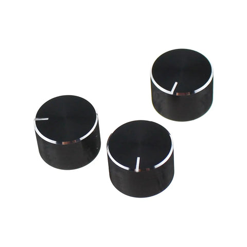 Close-up of three Six Pack Black Aluminum Potentiometer Knobs Knurled 6mm Shaft Diameter 10x15mm for Volume Control