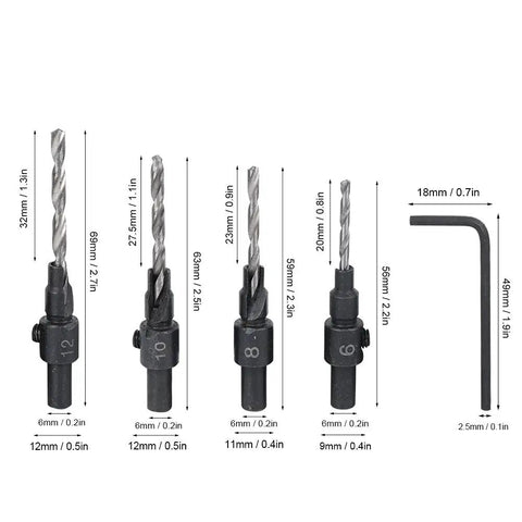 Adjustable Countersink Drill Bit Set For Woodworking - Four Piece Kit With Sizes 6 8 10 12 And Wrench, Quickly Replaceable Bits
