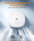 Photoelectric Smoke Alarm With Ten Year Sealed Battery Delivering Hella Solid Home Protection And Zero Stress From Phantom Alerts Quick Wall Mount Install on a smoke background.
