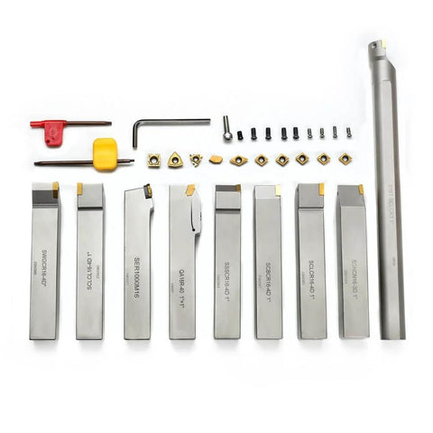 Beefed Up 1 Inch Shank Heavy Duty Indexable Carbide Lathe Tool Holder Set With Boring Bar 9 Pieces CNC Nickel Plated Insert Holders