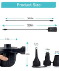 Portable Electric Air Pump For Inflatables, Quick Fill Air Pump With 3 Nozzles, cable and adapter, dimensions shown