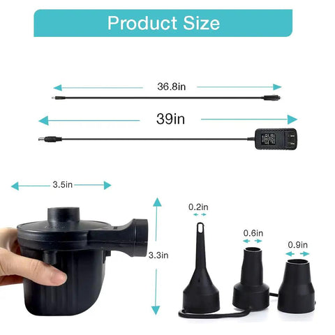 Portable Electric Air Pump For Inflatables, Quick Fill Air Pump With 3 Nozzles, cable and adapter, dimensions shown