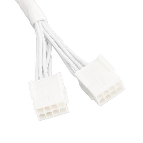 Fresh Sleeved Pcie 5.0 Extension Cable For Dope Gpu Power Delivery And Tight Rig Routing With Dependable 16 Awg Wiring Built For Nvidia Rtx 4090 4080 And 3090 Ti 4 To 8 Pin Adapter, showing two white connectors with braided cables.