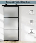 30 X 84 Inch Metal And Glass Sliding Barn Door With Installation Hardware Kit And Soft Close - Rust-Resistant Powder Coated Exterior, Clear Or Frosted Tempered Glass, Disassembled In Three Parts For Easy Shipping And Quick Setup.