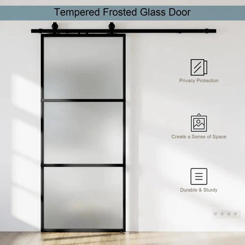 30 X 84 Inch Metal And Glass Sliding Barn Door With Installation Hardware Kit And Soft Close - Rust-Resistant Powder Coated Exterior, Clear Or Frosted Tempered Glass, Disassembled In Three Parts For Easy Shipping And Quick Setup.