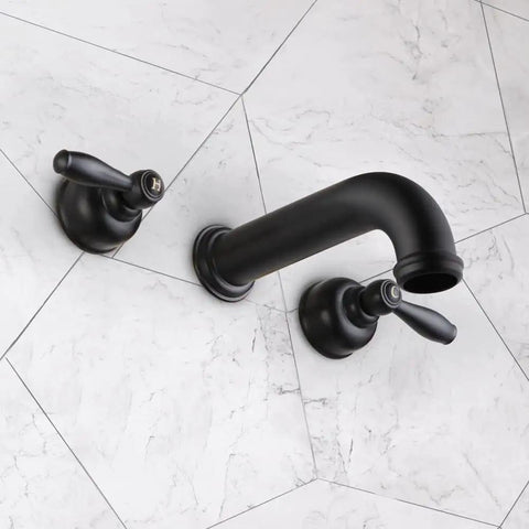 Brushed Nickel Tub Faucet With Wall Mounted Spout 3-Hole High Flow Tub Filler 2-Handle Valve And Trim Kit on tile wall