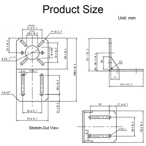 Technical drawing of universal motor mount bracket with dimensions in mm for CNC and 3D printer projects.