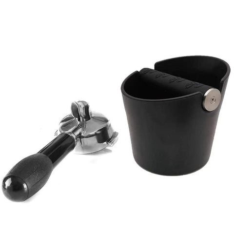 Espresso Knock Box 4.8 Inch Barista Style Grounds Bin With Removable Heavy-Duty Metal Knock Bar next to portafilter