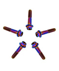 Burnt Blue Titanium Flanged Hex Head Bolts M6 x 1.0 x 25mm Pack Of 5, 6AL4V Aerospace Grade Ti Fasteners arranged in star shape