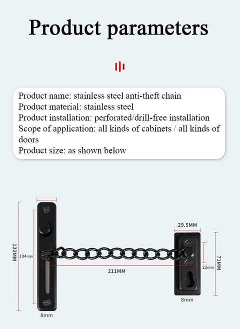 Premium Stainless Steel Door Chain Lock With Heavy Duty Sliding Bolt Gate Latch Hardware For Knockback Entry Security, shown with dimensions.