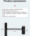 Stainless Steel Door Chain Lock Heavy Duty Sliding Bolt Gate Latch dimensions and product parameters for installation.