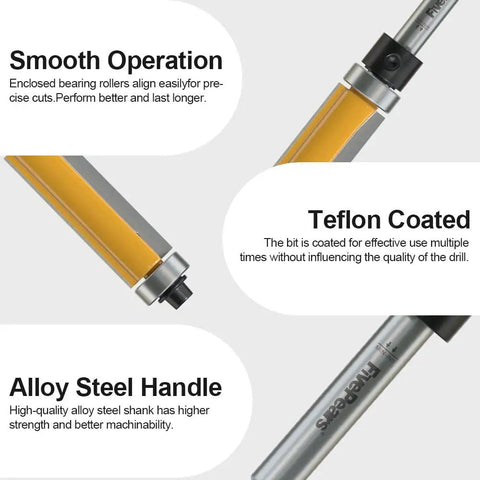 Top and Bottom Bearing Flush Trim Router Bit One Quarter Inch Shank Pro Grade Carbide Inserts for Durability Anti Kickback Design shown