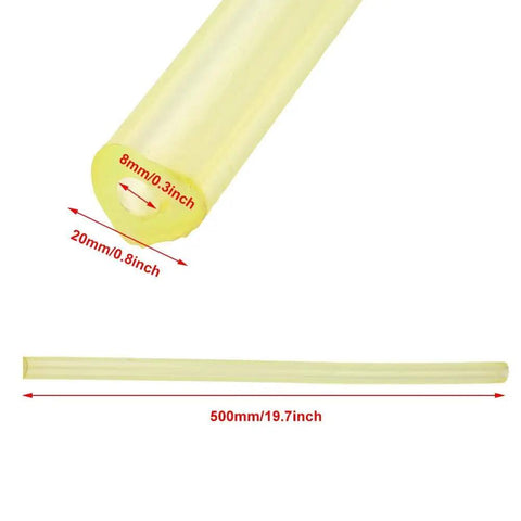 Heavy Duty Polyurethane Round Hollow Rod Yellow 20-40mm Outer Diameter 8mm Bore 500mm Length Built To Last For DIY Projects Prototyping And Light Industrial Use. Yellow PU hollow rod, 500mm long, 20mm OD, 8mm bore, shown with measurements.