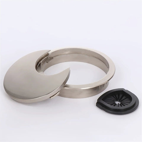 Premium Zinc Alloy Desk Grommet Kit With Rotatable Flip Top And Removable Center For 50 To 80 Mm Holes In Sleek Brushed Or Shiny Colors, Totally Rad For Managing Cables And Polishing Your Workspace Stylishly. silver desk cable grommet with black insert