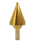 Front view of gold titanium-coated COMOWARE step drill bit with hex shank, 10 sizes from 1/4" to 1-3/8".