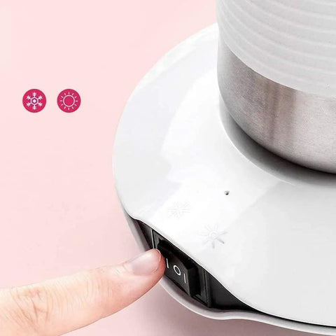 Smart Two In One Electric Cup Warmer And Rapid Beverage Chiller For Office Desk with control button and stainless steel cup.