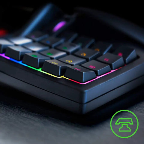 Close-up of Mecha-Membrane Gaming Keypad with 32 Programmable Keys, Customizable RGB Lighting, Macro Powerhouse For One Handed Control.