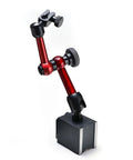 AGPtek red 3-joint magnetic base holder for digital dial indicator, red aluminum arms, black base, angled side view