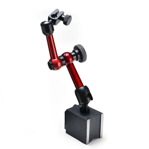 AGPtek red 3-joint magnetic base holder for digital dial indicator, red aluminum arms, black base, angled side view