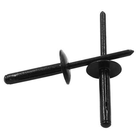 Close-up of 50 Pack Black Aluminum Tri Fold Exploding Pop Rivets Three Sixteenths Inch Grip One Inch Length Five Eighths Inch Flange Blind Rivets