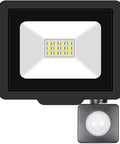 JUDYSSY Security Lights Induction Led Flood Light with Adjustable Pir Sensor, Warm,150W，Nature-10W，Nature-10W, top view of black floodlight with sensor.