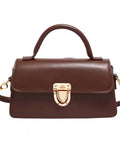 Brown leather handbag with gold-tone turn-lock clasp, top handle, and detachable shoulder strap (front view).
