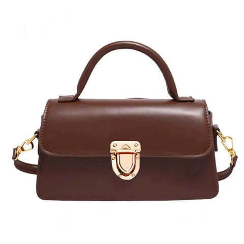Brown leather handbag with gold-tone turn-lock clasp, top handle, and detachable shoulder strap (front view).