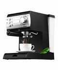 Compact Semi Automatic Coffee Maker With Milk Frother For Espresso Cappuccino Latte Macchiato And More, sleek black design.