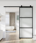 30 X 84 Inch Metal And Glass Sliding Barn Door With Installation Hardware Kit And Soft Close - Rust-Resistant Powder Coated Exterior