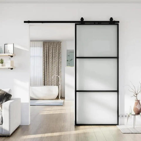 30 X 84 Inch Metal And Glass Sliding Barn Door With Installation Hardware Kit And Soft Close - Rust-Resistant Powder Coated Exterior