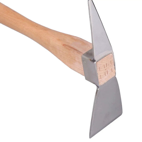 Heavy Duty Stainless Steel Pickaxe Hoe With Wooden Handle For Digging In The Garden A Real Workhorse Built To Last close-up