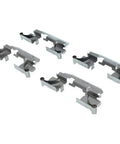 Five gray metal brake pad retaining clips for front disc brakes.