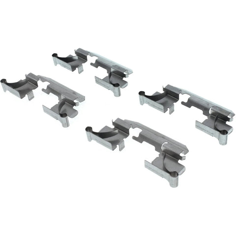 Five gray metal brake pad retaining clips for front disc brakes.