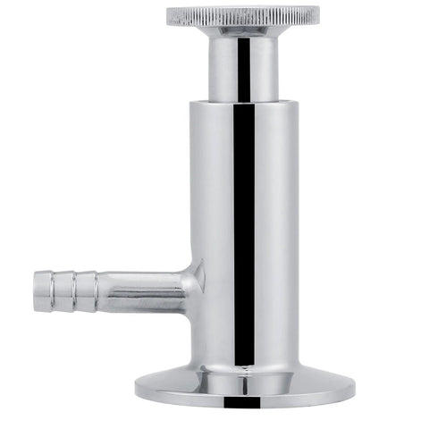 Stainless steel 2-inch tri-clamp sampling valve with side barb on vertical post and base, front view.