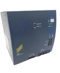 Heavy Duty DIN Rail Switching Power Supply 24V DC Output With Wide 100 To 240V AC Input shown from the side, labels and ports visible.